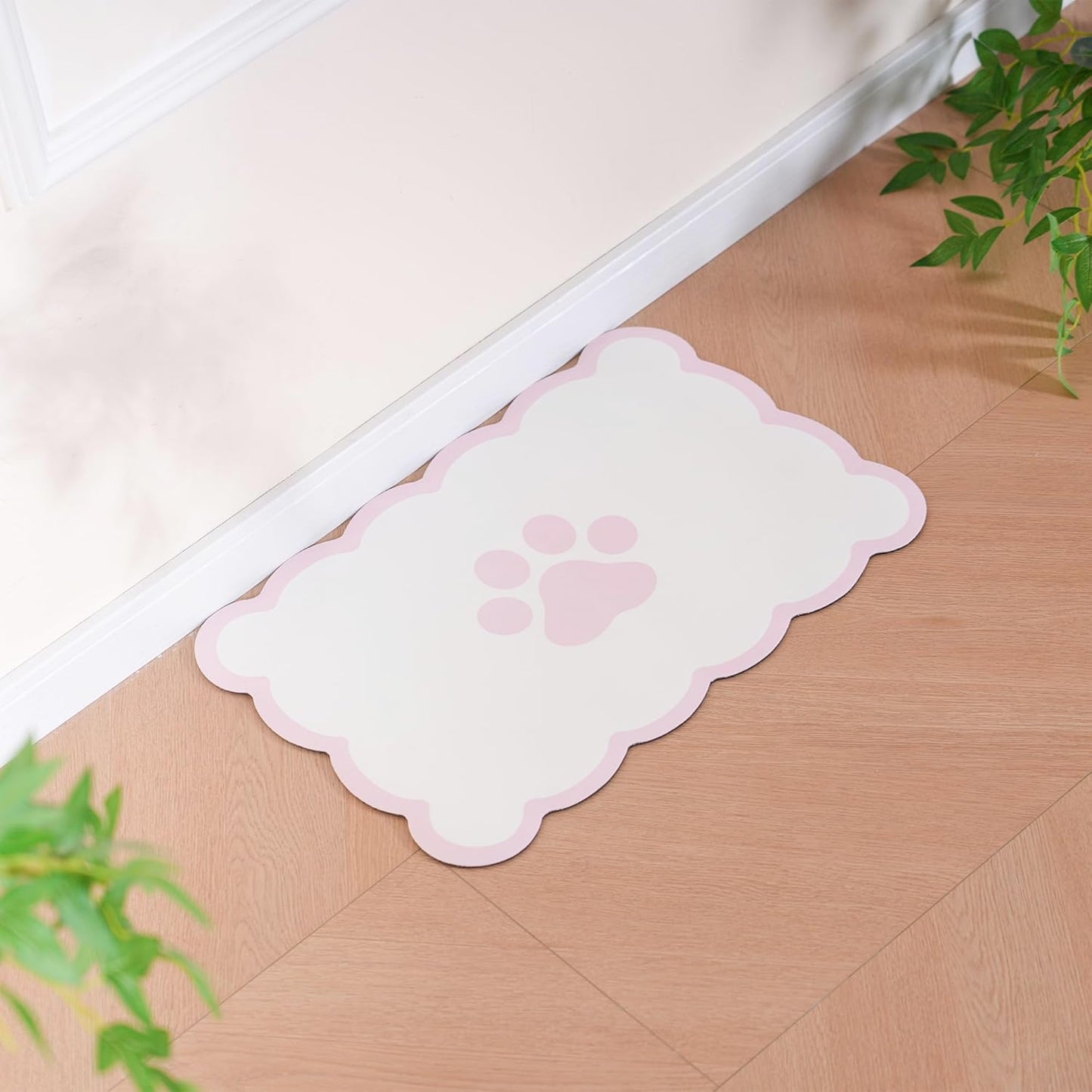 Scalloped Dog Feeding Mat, Absorbent Mats for Dog Food and Water Bowl, Dispenser, Cute Elegant Aesthetic Pastel Pink Scallop Pet Placemat for Dogs, Cats, Puppy Accessories, 17" X 24”