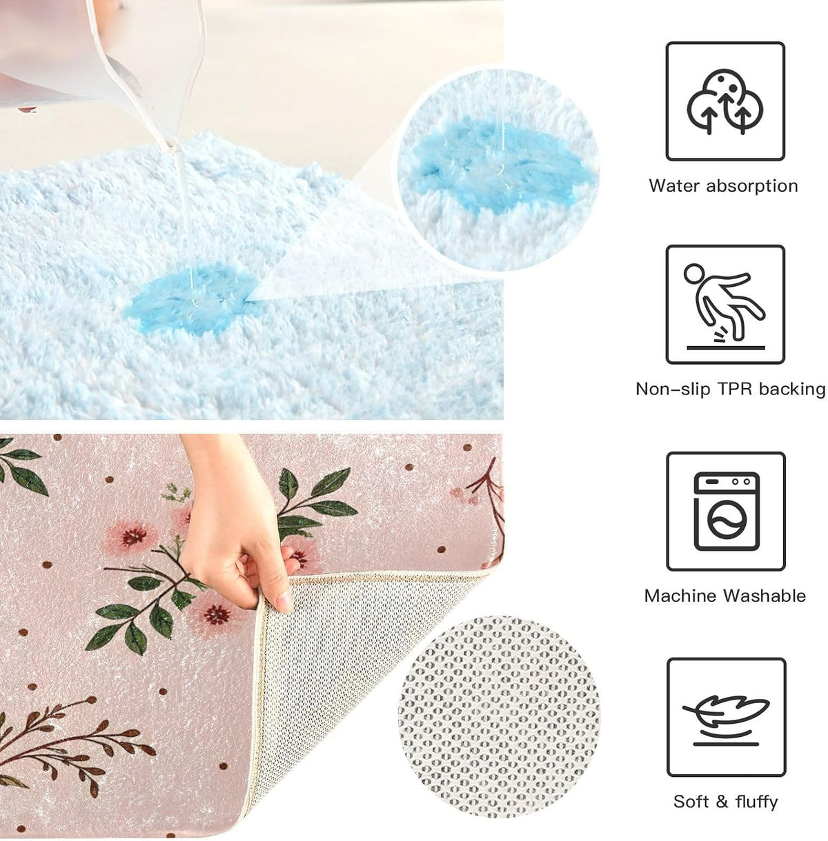 Elegant Flowers Pink Bathroom Mat Rug 24" x 16" Non Slip Super Absorbent Quick Dry Bath Mats for Bathtub Fluffy Rugs