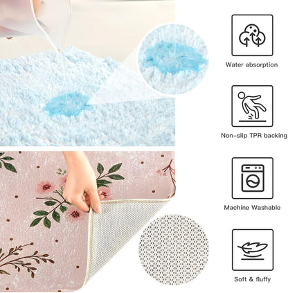 Elegant Flowers Pink Bathroom Mat Rug 24" x 16" Non Slip Super Absorbent Quick Dry Bath Mats for Bathtub Fluffy Rugs