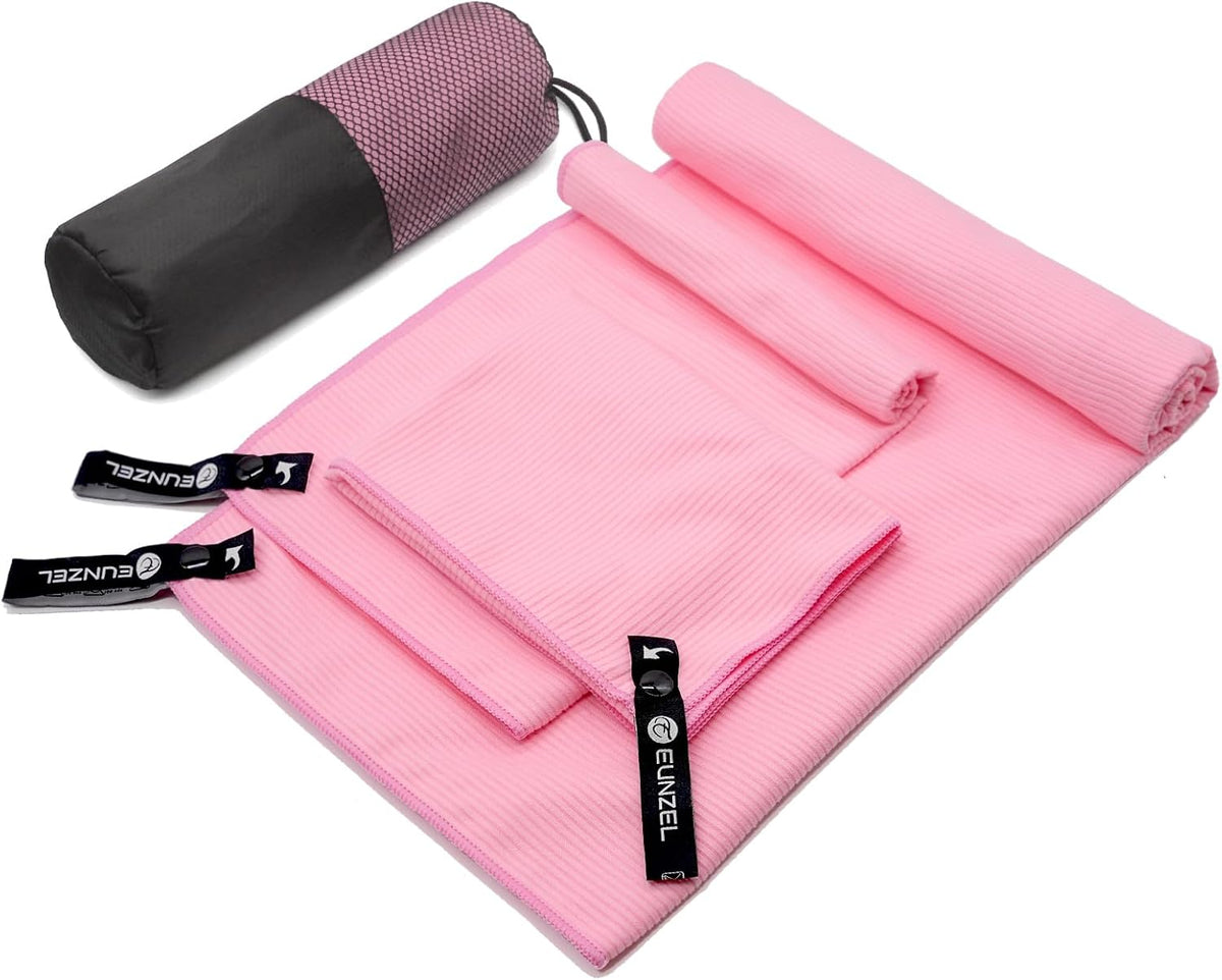 Quick Dry Camping Towel, Microfibre Ribbed Towel Travel Towel 3 Sizes 1 Pack Fast Drying Towel Set for Camping, Beach, Gym, Sports, Yoga & Swimming Pool, Pink