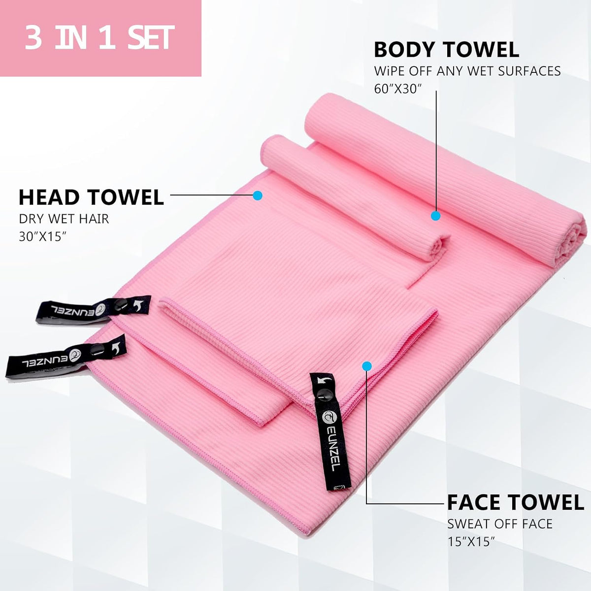 Quick Dry Camping Towel, Microfibre Ribbed Towel Travel Towel 3 Sizes 1 Pack Fast Drying Towel Set for Camping, Beach, Gym, Sports, Yoga & Swimming Pool, Pink