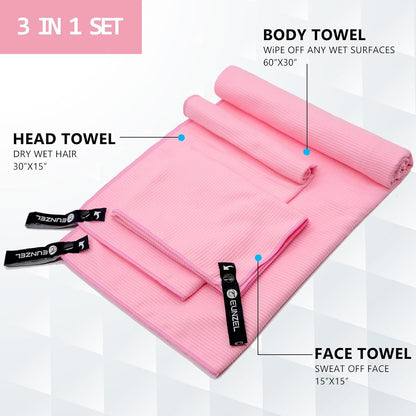 Quick Dry Camping Towel, Microfibre Ribbed Towel Travel Towel 3 Sizes 1 Pack Fast Drying Towel Set for Camping, Beach, Gym, Sports, Yoga & Swimming Pool, Pink