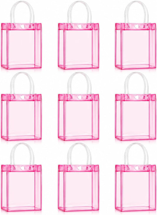 MAQIHAN Clear Gift Bags with Handles - 9 PCS Mother's Day Transparent Mini Tote Bags Pink 5.9x6.3 Inches Reusable Plastic Goodie Bags for Valentine's Day Birthday Party Gifts, Princess Theme Small Treats