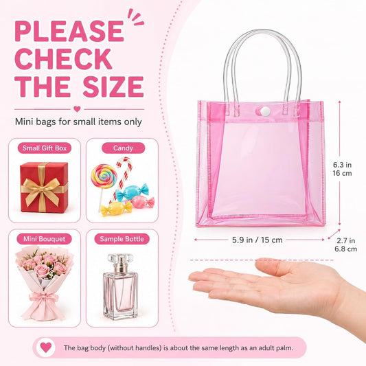 MAQIHAN Clear Gift Bags with Handles - 9 PCS Mother's Day Transparent Mini Tote Bags Pink 5.9x6.3 Inches Reusable Plastic Goodie Bags for Valentine's Day Birthday Party Gifts, Princess Theme Small Treats