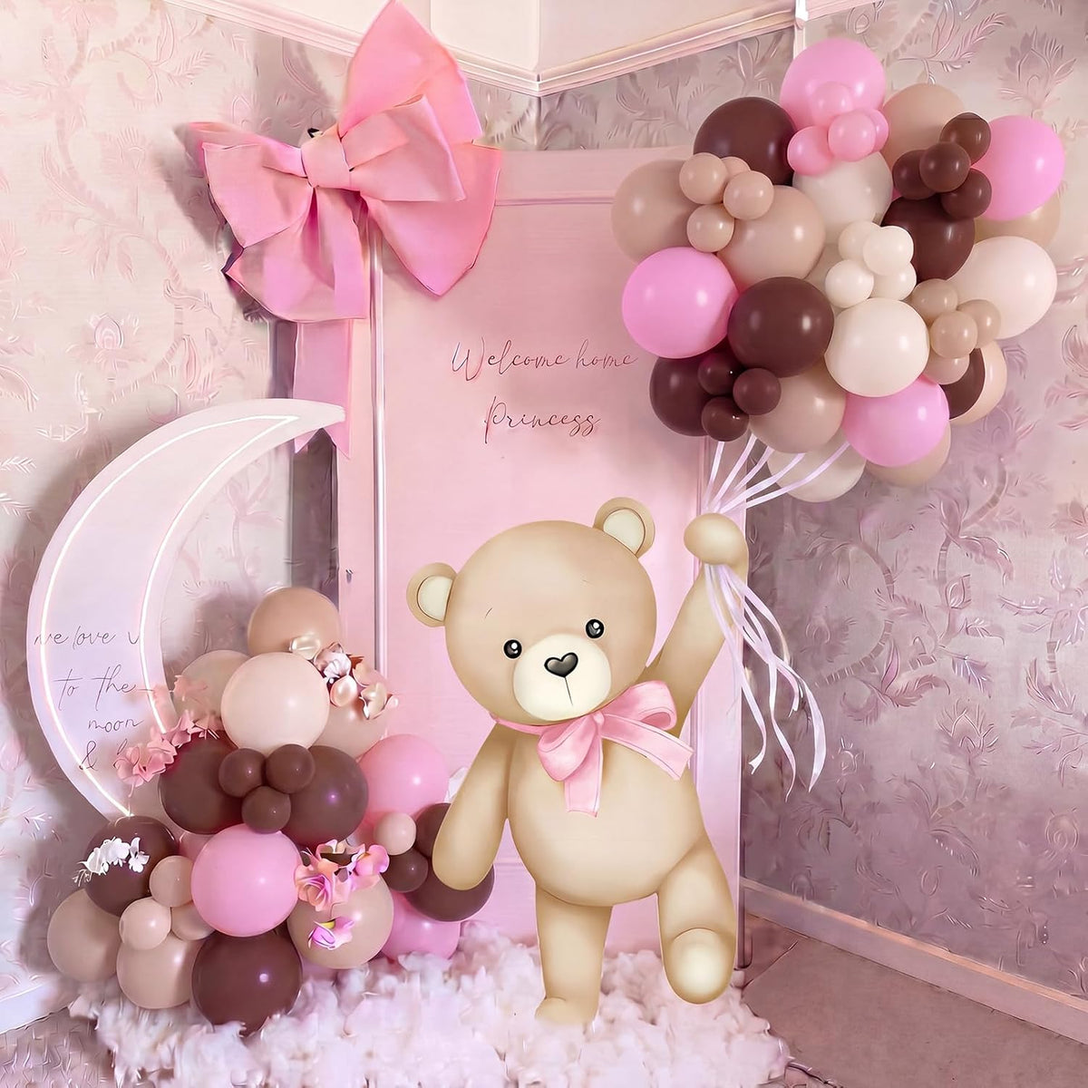 Teyva 43 Pcs Pink Bear Baby Shower Decorations Balloon Cutout Stand