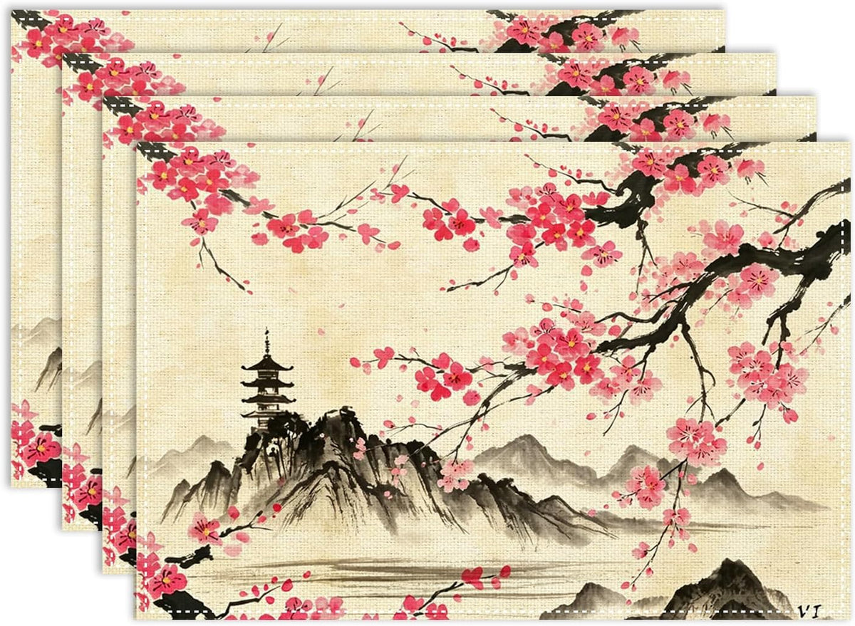 Chinese Placemat,12x18 Inch Set of 4, Pink Cherry Blossom Japanese Asian Ink Painting Landscape Anime Nature Oriental Coffee Table Mats Home Outdoor Party Kitchen Dining Table Decoration
