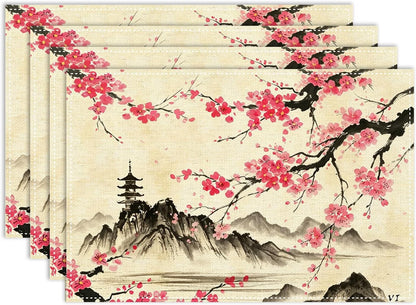 Chinese Placemat,12x18 Inch Set of 4, Pink Cherry Blossom Japanese Asian Ink Painting Landscape Anime Nature Oriental Coffee Table Mats Home Outdoor Party Kitchen Dining Table Decoration