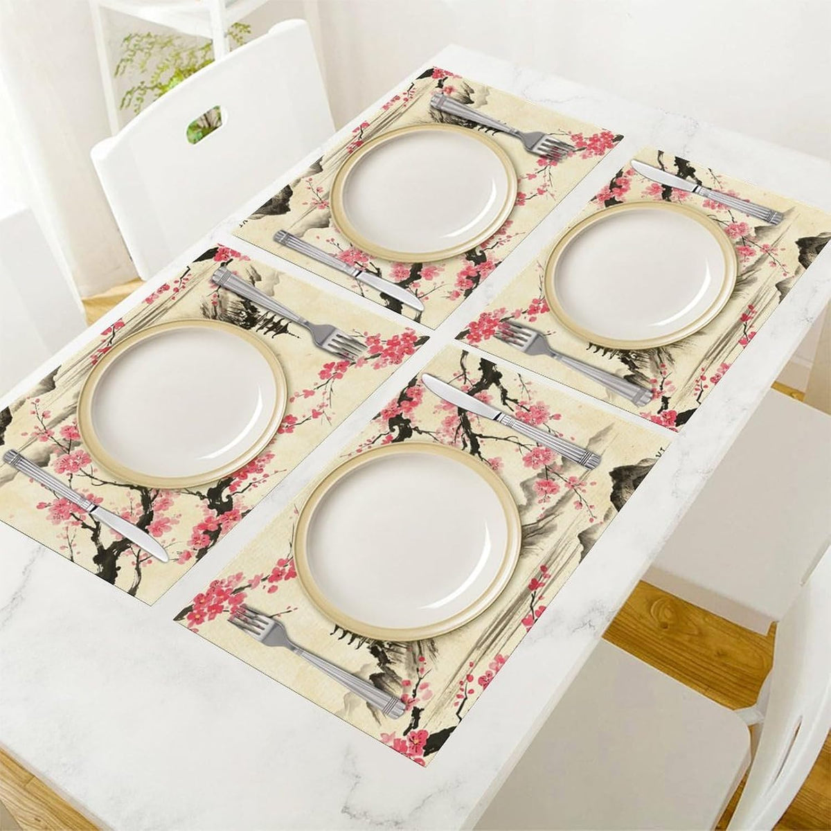 Chinese Placemat,12x18 Inch Set of 4, Pink Cherry Blossom Japanese Asian Ink Painting Landscape Anime Nature Oriental Coffee Table Mats Home Outdoor Party Kitchen Dining Table Decoration