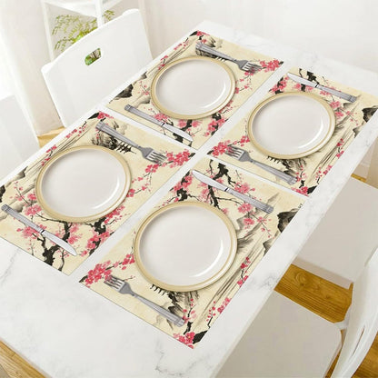 Chinese Placemat,12x18 Inch Set of 4, Pink Cherry Blossom Japanese Asian Ink Painting Landscape Anime Nature Oriental Coffee Table Mats Home Outdoor Party Kitchen Dining Table Decoration