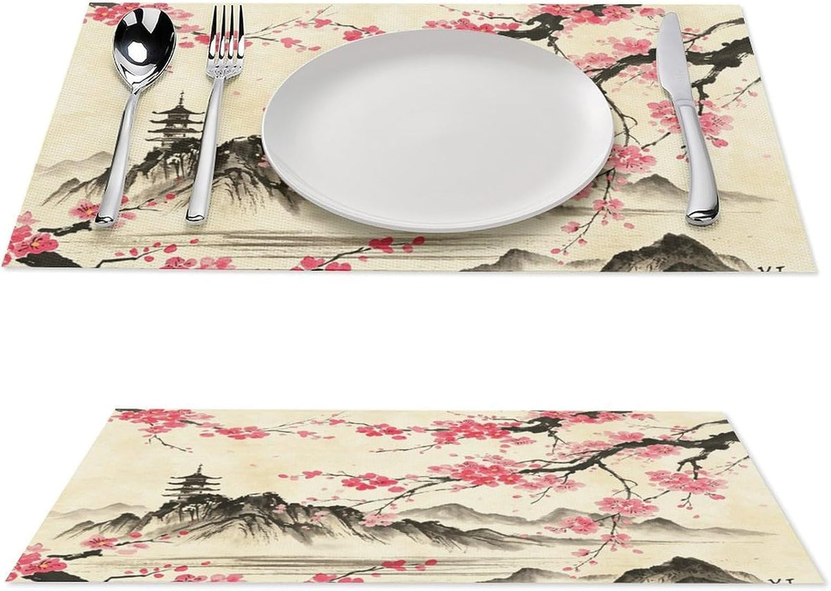 Chinese Placemat,12x18 Inch Set of 4, Pink Cherry Blossom Japanese Asian Ink Painting Landscape Anime Nature Oriental Coffee Table Mats Home Outdoor Party Kitchen Dining Table Decoration