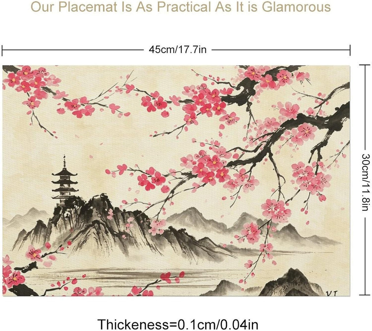 Chinese Placemat,12x18 Inch Set of 4, Pink Cherry Blossom Japanese Asian Ink Painting Landscape Anime Nature Oriental Coffee Table Mats Home Outdoor Party Kitchen Dining Table Decoration