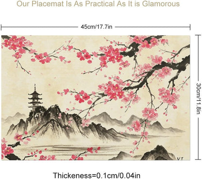 Chinese Placemat,12x18 Inch Set of 4, Pink Cherry Blossom Japanese Asian Ink Painting Landscape Anime Nature Oriental Coffee Table Mats Home Outdoor Party Kitchen Dining Table Decoration