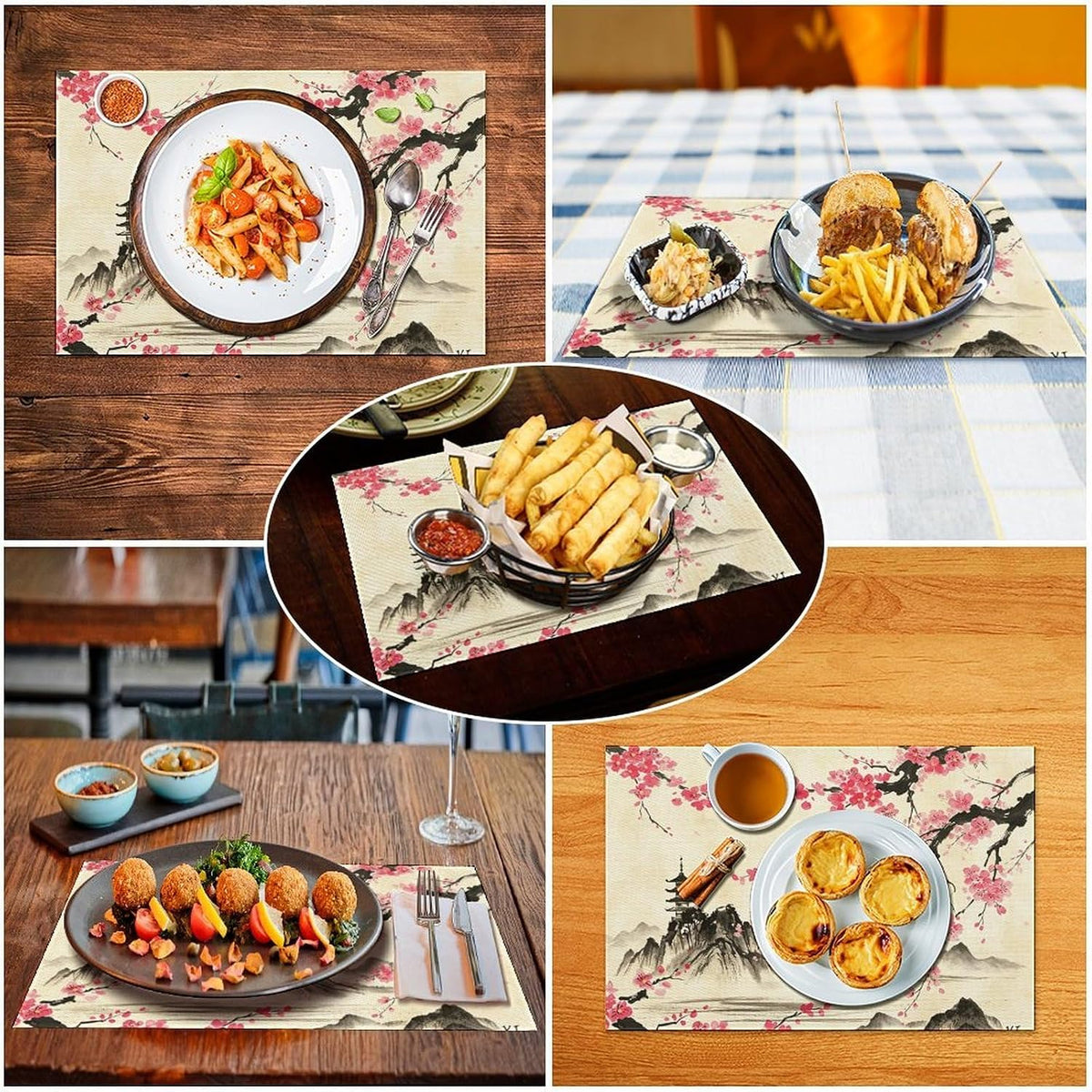 Chinese Placemat,12x18 Inch Set of 4, Pink Cherry Blossom Japanese Asian Ink Painting Landscape Anime Nature Oriental Coffee Table Mats Home Outdoor Party Kitchen Dining Table Decoration