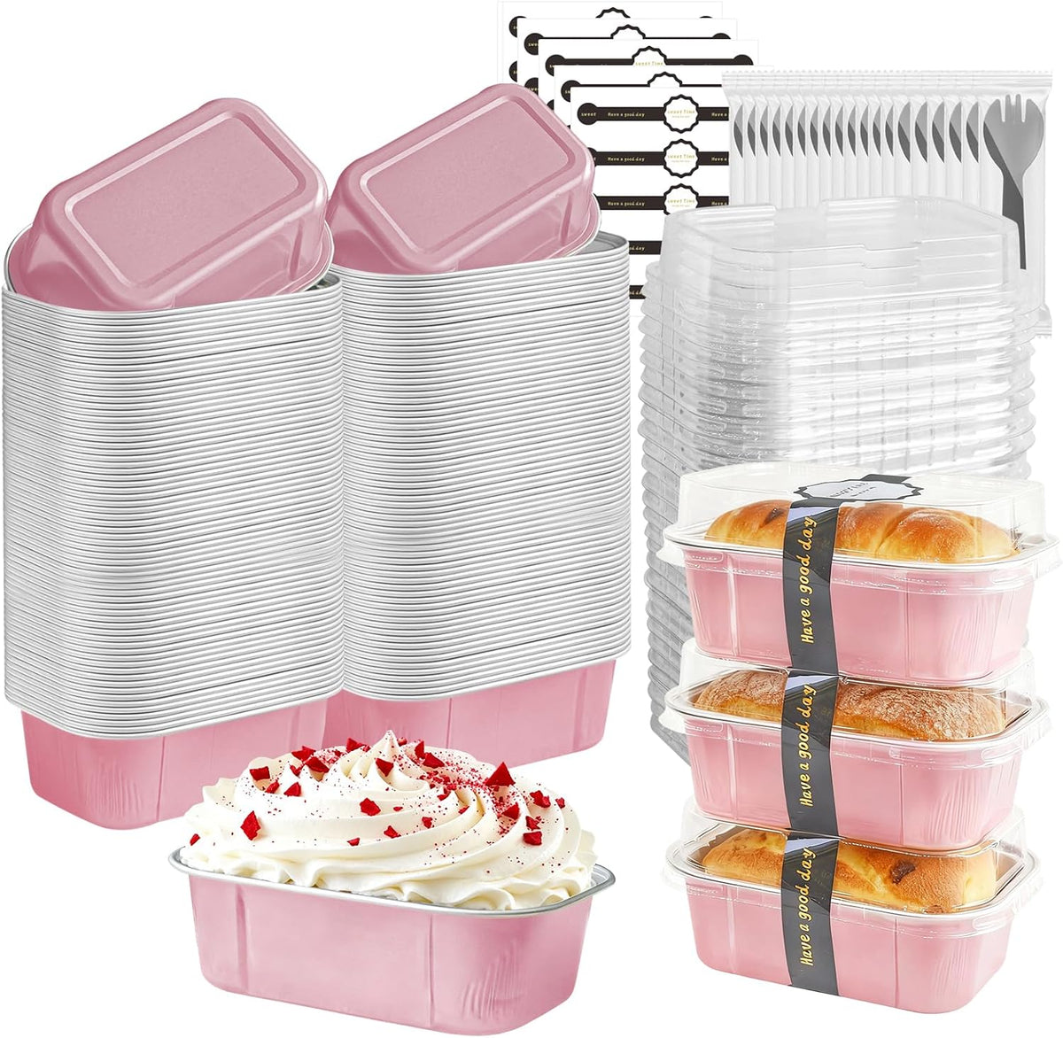 mini loaf pans with lids and spoons 50 Pack,5.5 oz Rectangle mini individual cake tins Disposable Small Aluminum Foil Baking pans(50, Pink)