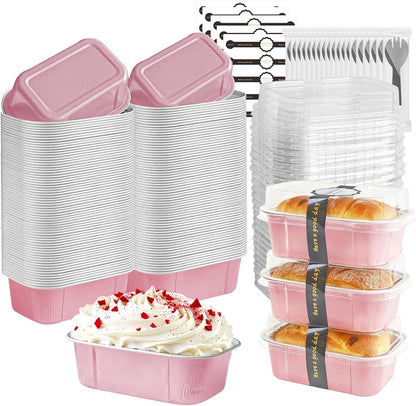 mini loaf pans with lids and spoons 50 Pack,5.5 oz Rectangle mini individual cake tins Disposable Small Aluminum Foil Baking pans(50, Pink)