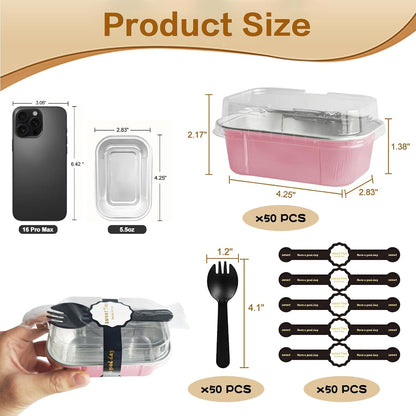 mini loaf pans with lids and spoons 50 Pack,5.5 oz Rectangle mini individual cake tins Disposable Small Aluminum Foil Baking pans(50, Pink)