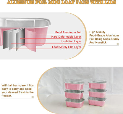 mini loaf pans with lids and spoons 50 Pack,5.5 oz Rectangle mini individual cake tins Disposable Small Aluminum Foil Baking pans(50, Pink)
