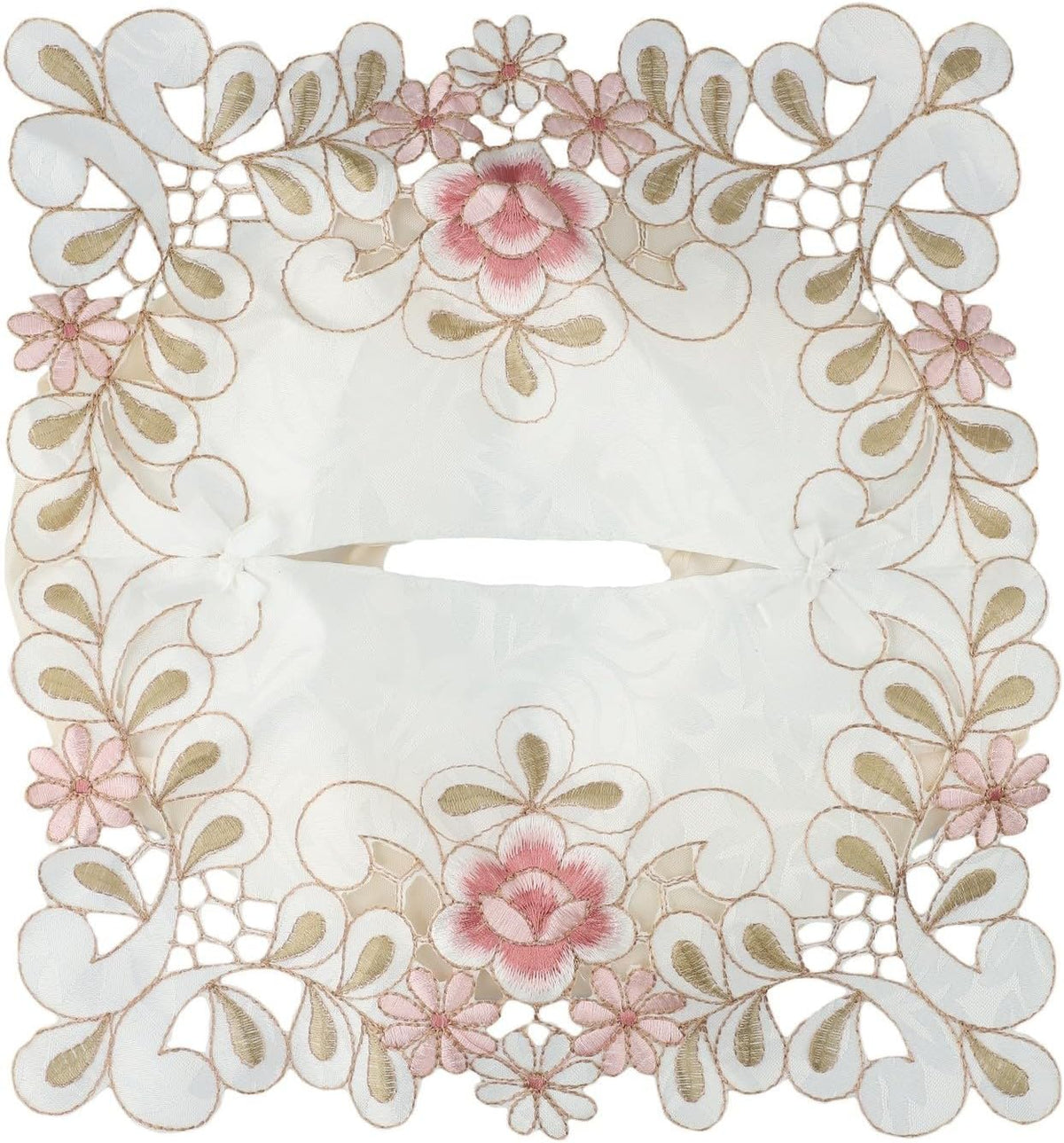 Elegant vintage lace tissue box cover featuring embroidered floral design, made from fabric to securely fit standard tissue boxes and beautify your room (Pink)