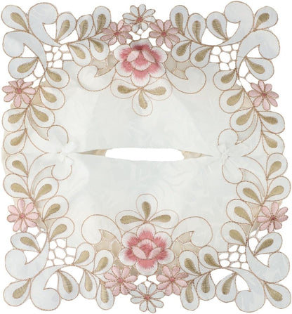 Elegant vintage lace tissue box cover featuring embroidered floral design, made from fabric to securely fit standard tissue boxes and beautify your room (Pink)