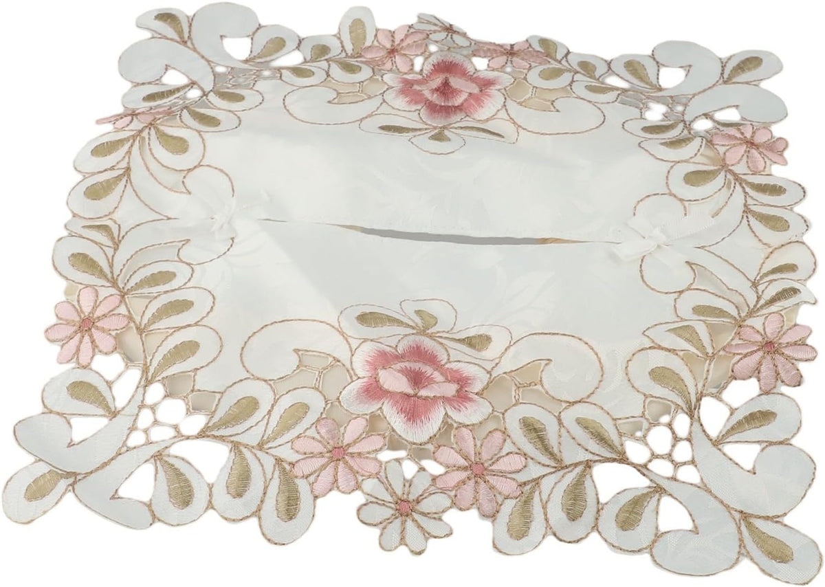 Elegant vintage lace tissue box cover featuring embroidered floral design, made from fabric to securely fit standard tissue boxes and beautify your room (Pink)