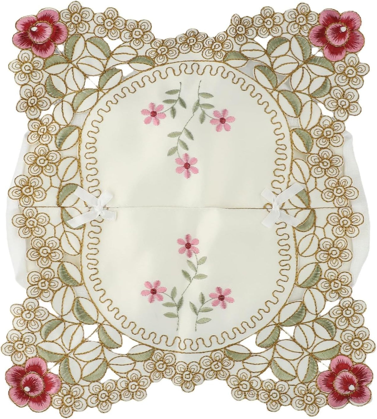 Elegant vintage lace tissue box cover featuring embroidered floral design, made from fabric to securely fit standard tissue boxes and beautify your room (Pink)