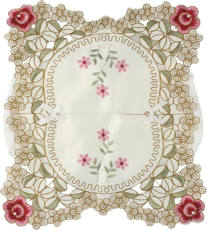 Elegant vintage lace tissue box cover featuring embroidered floral design, made from fabric to securely fit standard tissue boxes and beautify your room (Pink)