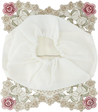 Elegant vintage lace tissue box cover featuring embroidered floral design, made from fabric to securely fit standard tissue boxes and beautify your room (Pink)