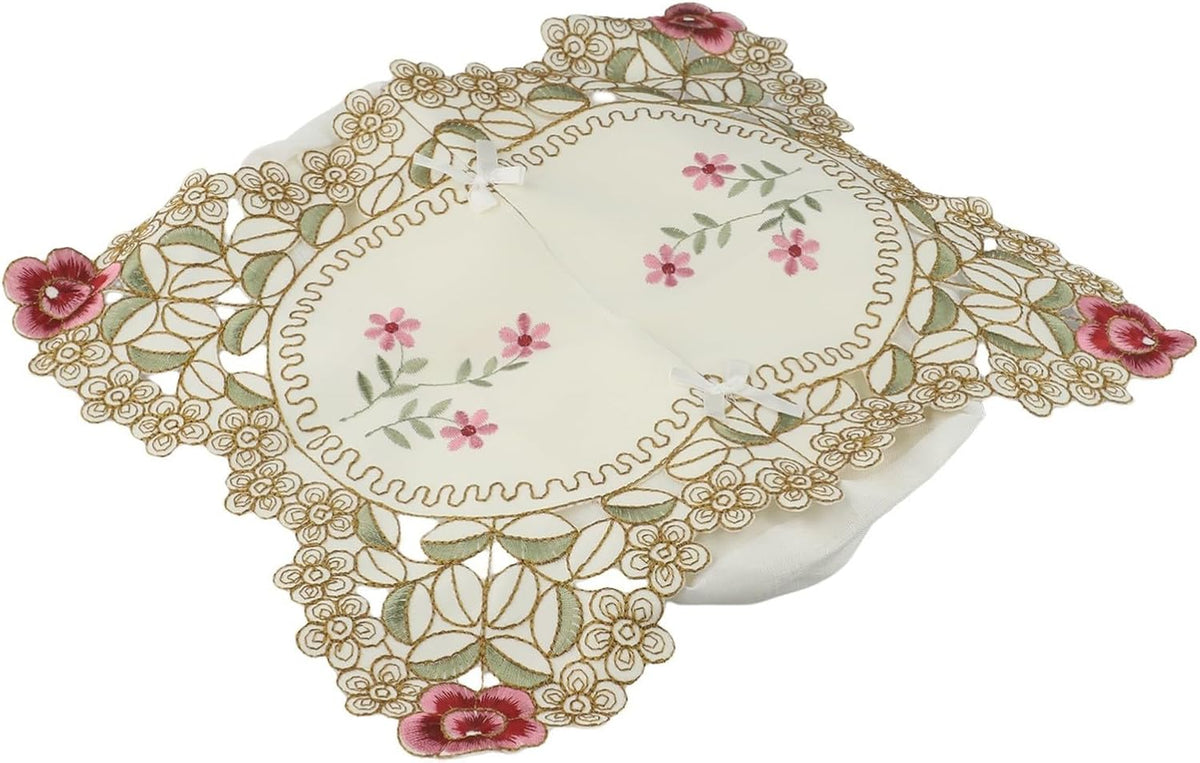 Elegant vintage lace tissue box cover featuring embroidered floral design, made from fabric to securely fit standard tissue boxes and beautify your room (Pink)