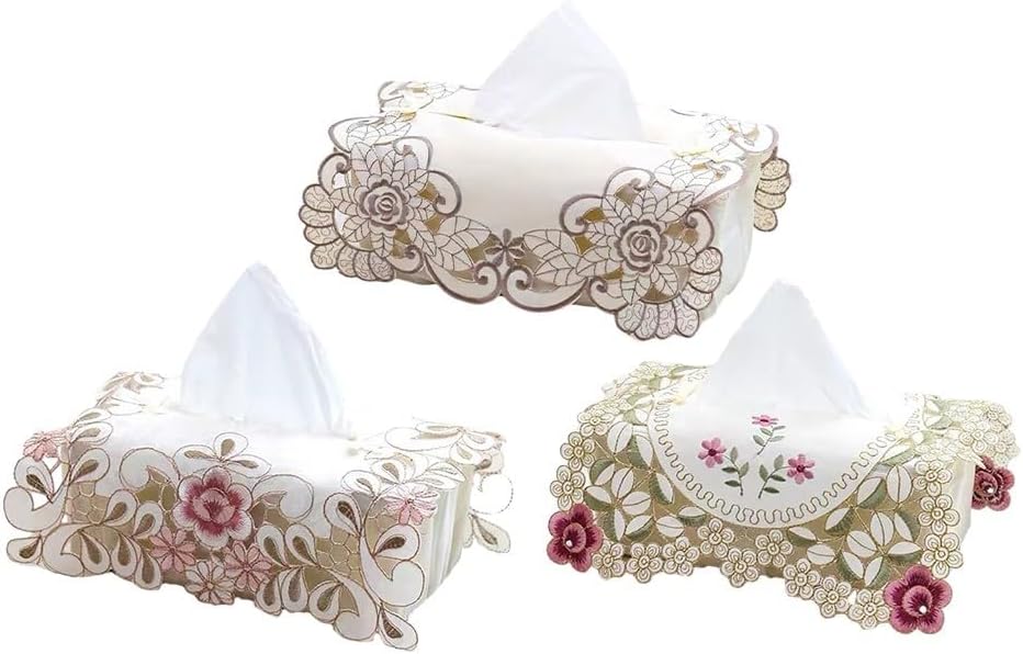 Elegant vintage lace tissue box cover featuring embroidered floral design, made from fabric to securely fit standard tissue boxes and beautify your room (Pink)