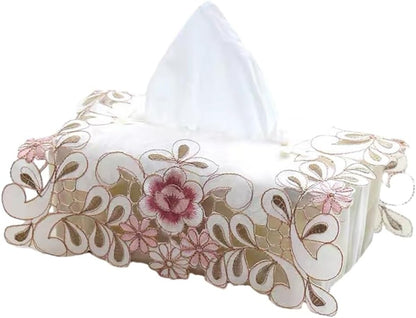Elegant vintage lace tissue box cover featuring embroidered floral design, made from fabric to securely fit standard tissue boxes and beautify your room (Pink)