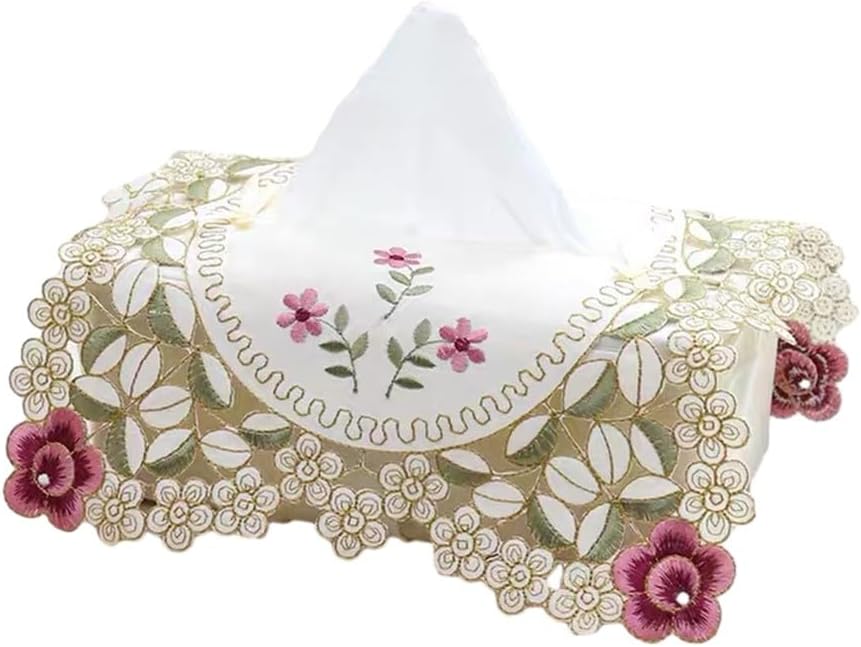 Elegant vintage lace tissue box cover featuring embroidered floral design, made from fabric to securely fit standard tissue boxes and beautify your room (Pink)