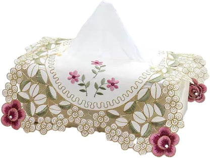 Elegant vintage lace tissue box cover featuring embroidered floral design, made from fabric to securely fit standard tissue boxes and beautify your room (Pink)
