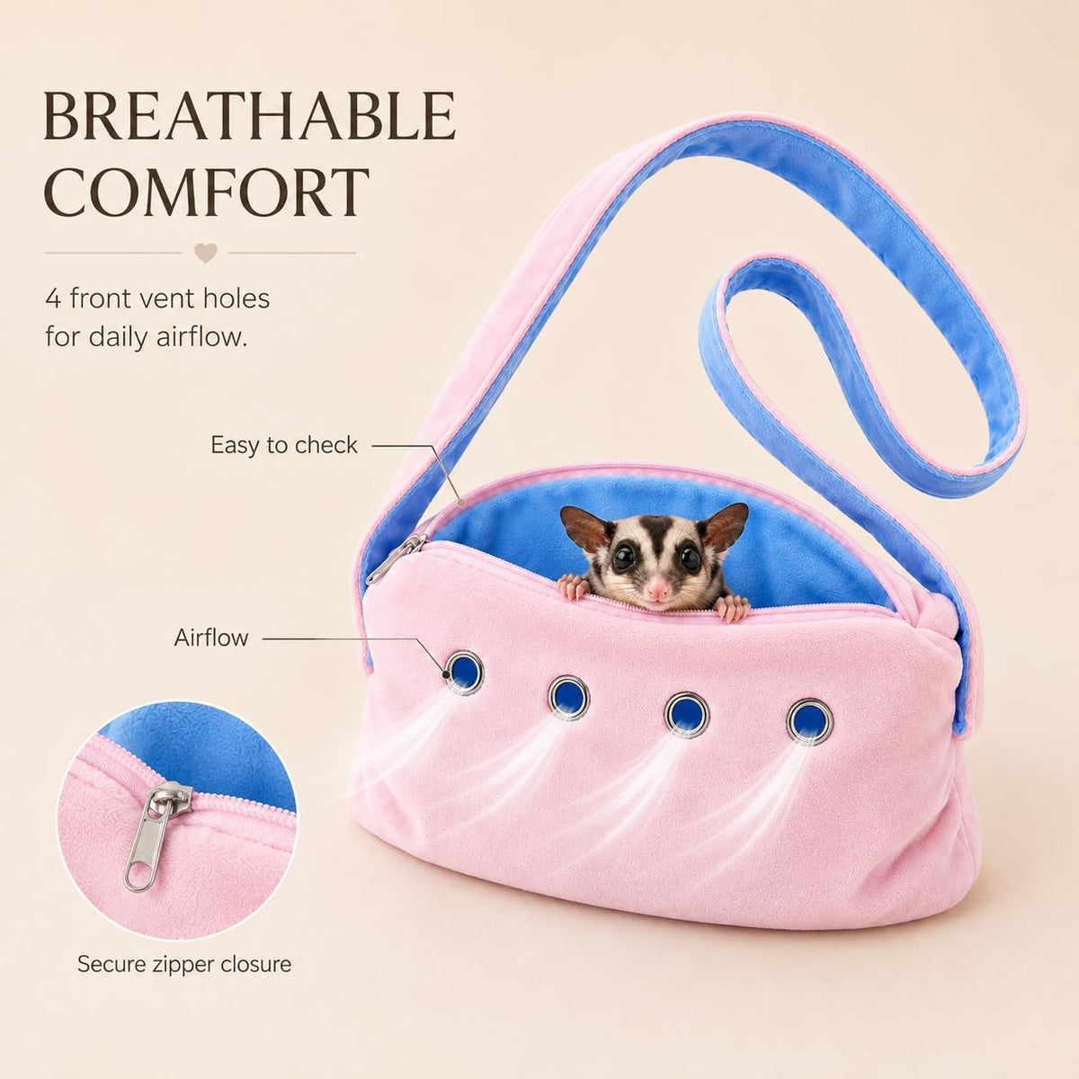 Meow&Woof Sugar Glider Bonding Pouch & Small Animal Carrier - Escape-Proof Sling for Hedgehogs, Ferrets, Hamsters Soft Critter Cuddler (10"x6", Pink)