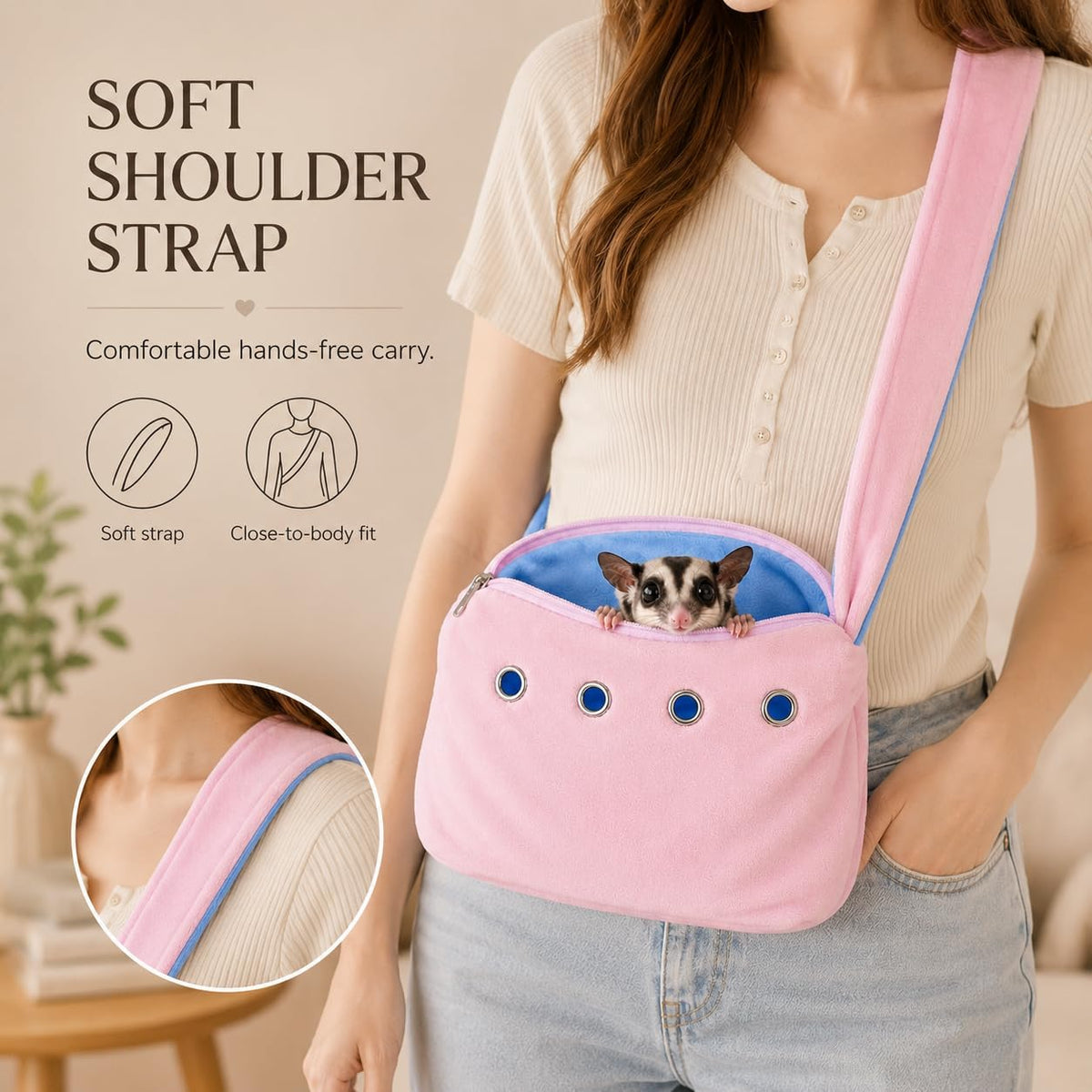 Meow&Woof Sugar Glider Bonding Pouch & Small Animal Carrier - Escape-Proof Sling for Hedgehogs, Ferrets, Hamsters Soft Critter Cuddler (10"x6", Pink)