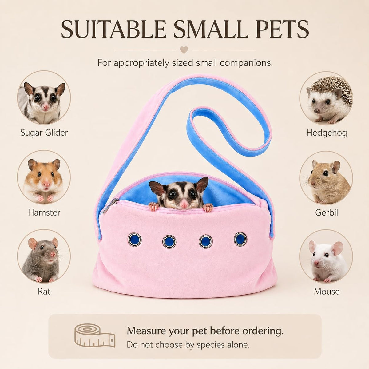 Meow&Woof Sugar Glider Bonding Pouch & Small Animal Carrier - Escape-Proof Sling for Hedgehogs, Ferrets, Hamsters Soft Critter Cuddler (10"x6", Pink)