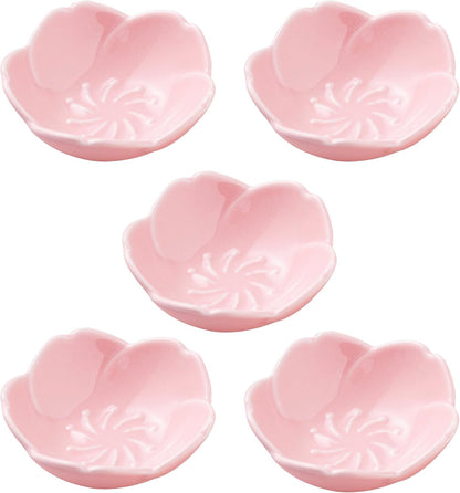 5 PC Pink Cherry Blossom Ceramic Sauce Dish, Seasoning Dish, Sushi Soy Dipping Bow, Dessert Bowl, Appetizer Plates, Serving Dish for Kitchen Home (Pink, Set of 5)