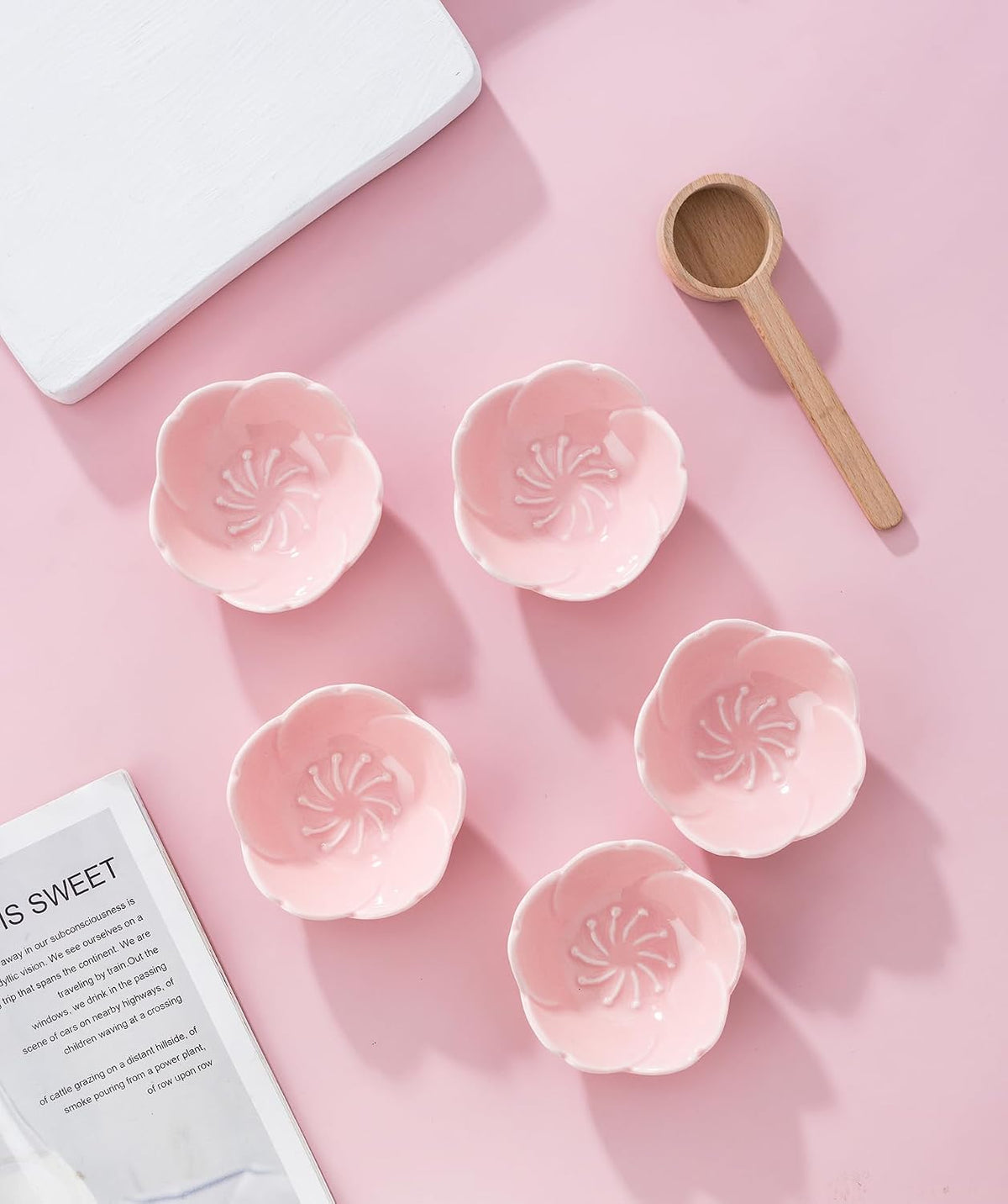 5 PC Pink Cherry Blossom Ceramic Sauce Dish, Seasoning Dish, Sushi Soy Dipping Bow, Dessert Bowl, Appetizer Plates, Serving Dish for Kitchen Home (Pink, Set of 5)