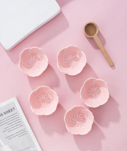 5 PC Pink Cherry Blossom Ceramic Sauce Dish, Seasoning Dish, Sushi Soy Dipping Bow, Dessert Bowl, Appetizer Plates, Serving Dish for Kitchen Home (Pink, Set of 5)