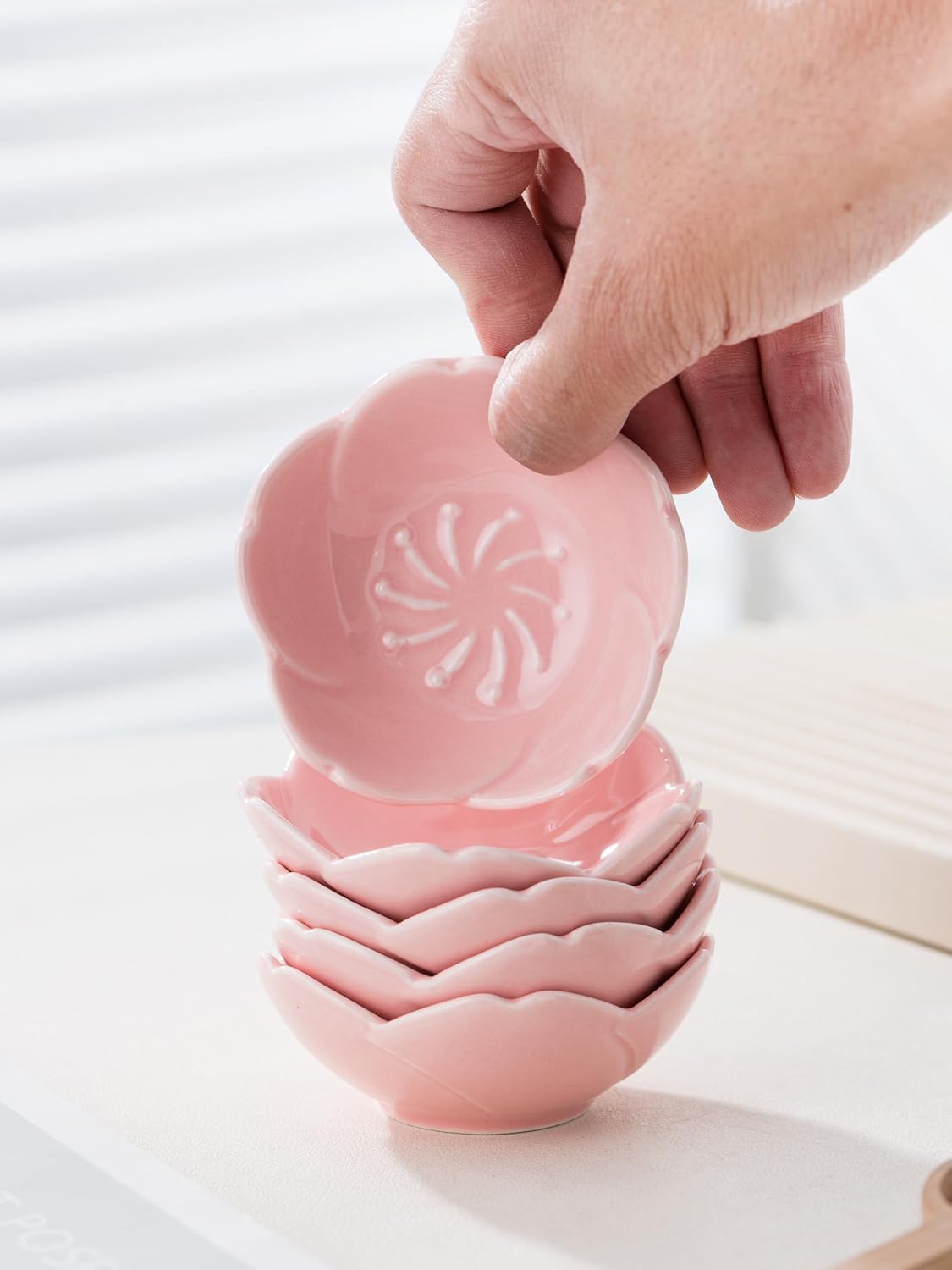 5 PC Pink Cherry Blossom Ceramic Sauce Dish, Seasoning Dish, Sushi Soy Dipping Bow, Dessert Bowl, Appetizer Plates, Serving Dish for Kitchen Home (Pink, Set of 5)