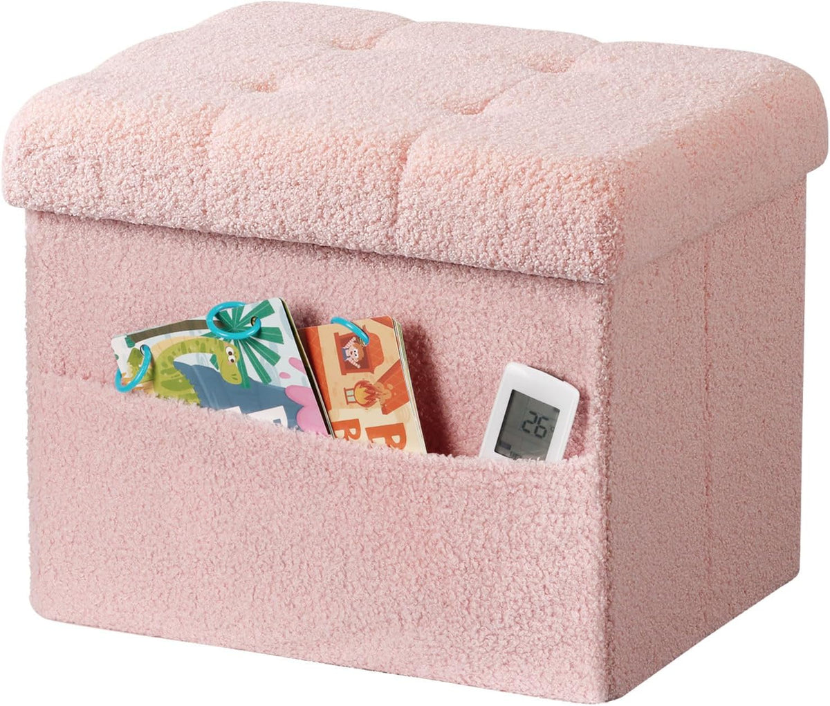 Storage Ottoman Foot Stool,Faux Teddy Tufted Foot Rest, Space Saver Chair with Storage,Ergonomic Stool for Bedroom/Living Room/Desk/Office(17x13x13 inches, Pink)