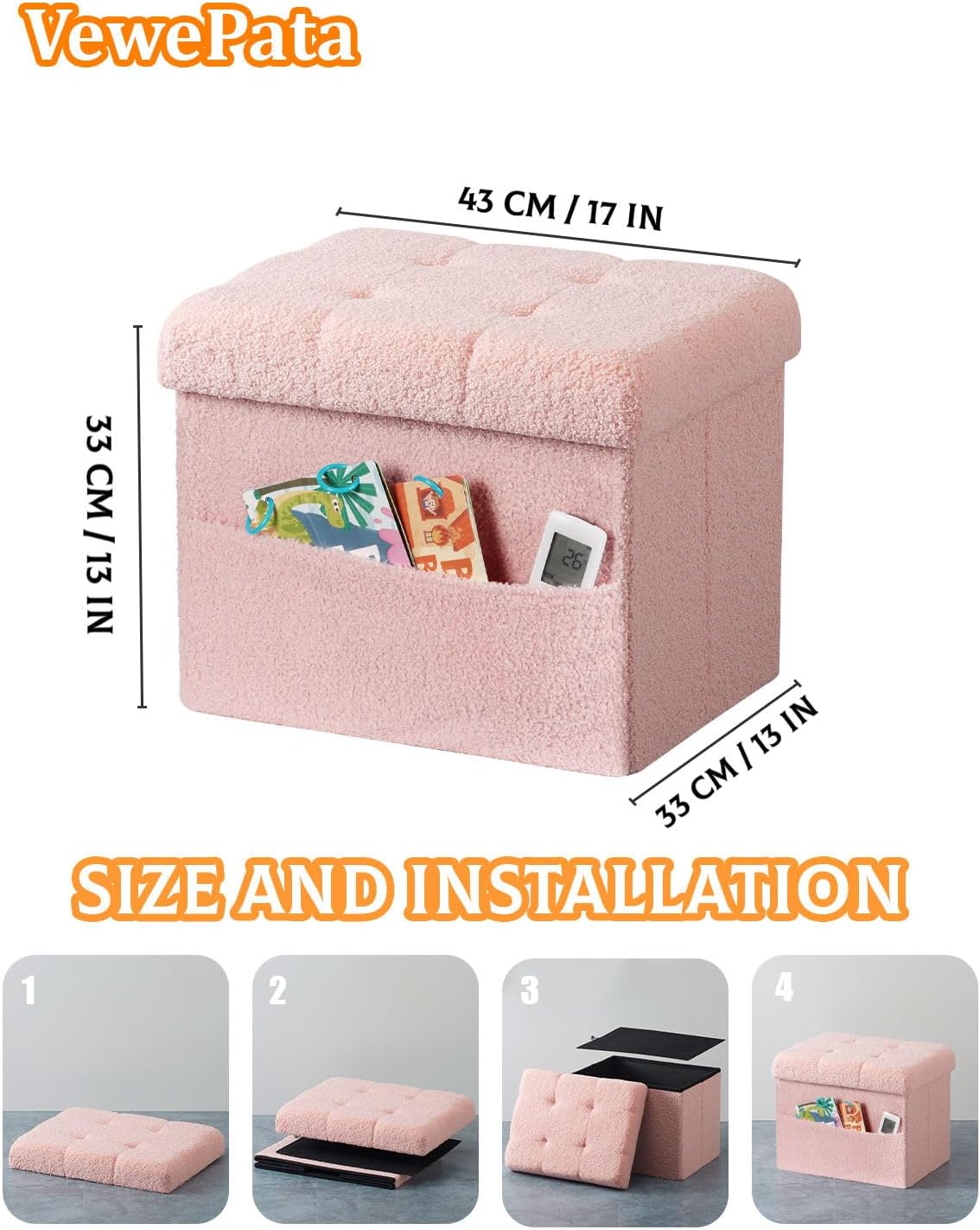 Storage Ottoman Foot Stool,Faux Teddy Tufted Foot Rest, Space Saver Chair with Storage,Ergonomic Stool for Bedroom/Living Room/Desk/Office(17x13x13 inches, Pink)