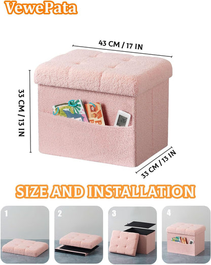 Storage Ottoman Foot Stool,Faux Teddy Tufted Foot Rest, Space Saver Chair with Storage,Ergonomic Stool for Bedroom/Living Room/Desk/Office(17x13x13 inches, Pink)
