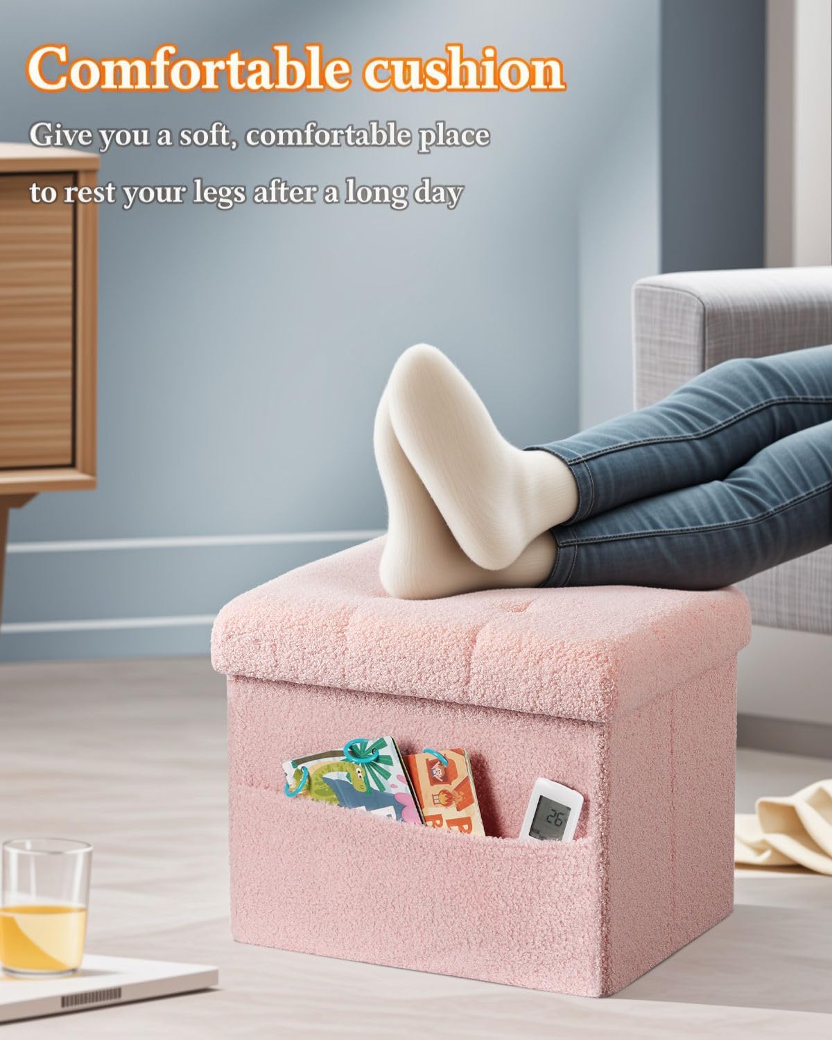 Storage Ottoman Foot Stool,Faux Teddy Tufted Foot Rest, Space Saver Chair with Storage,Ergonomic Stool for Bedroom/Living Room/Desk/Office(17x13x13 inches, Pink)