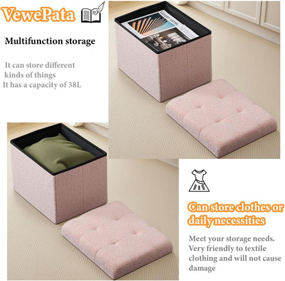 Storage Ottoman Foot Stool,Faux Teddy Tufted Foot Rest, Space Saver Chair with Storage,Ergonomic Stool for Bedroom/Living Room/Desk/Office(17x13x13 inches, Pink)