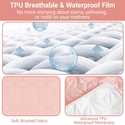 2 Pack Quilted Waterproof Pads for Bed Washable 34x52 Inch Pink