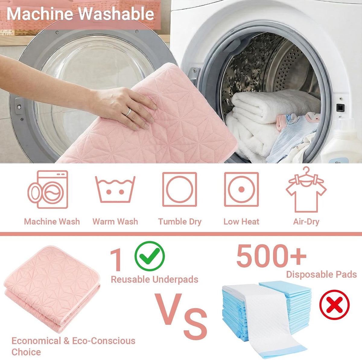2 Pack Quilted Waterproof Pads for Bed Washable 34x52 Inch Pink