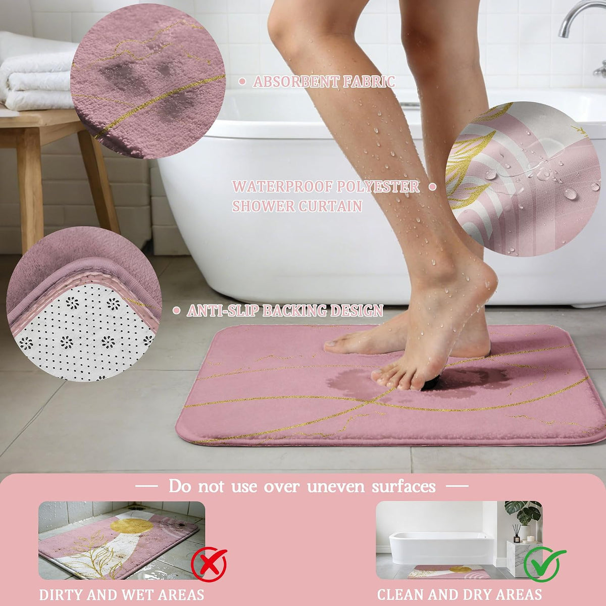 Light Pink Hookless Shower Curtain Sets with Rugs, Boho Bathroom Decor