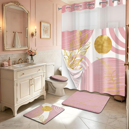 Light Pink Hookless Shower Curtain Sets with Rugs, Boho Bathroom Decor