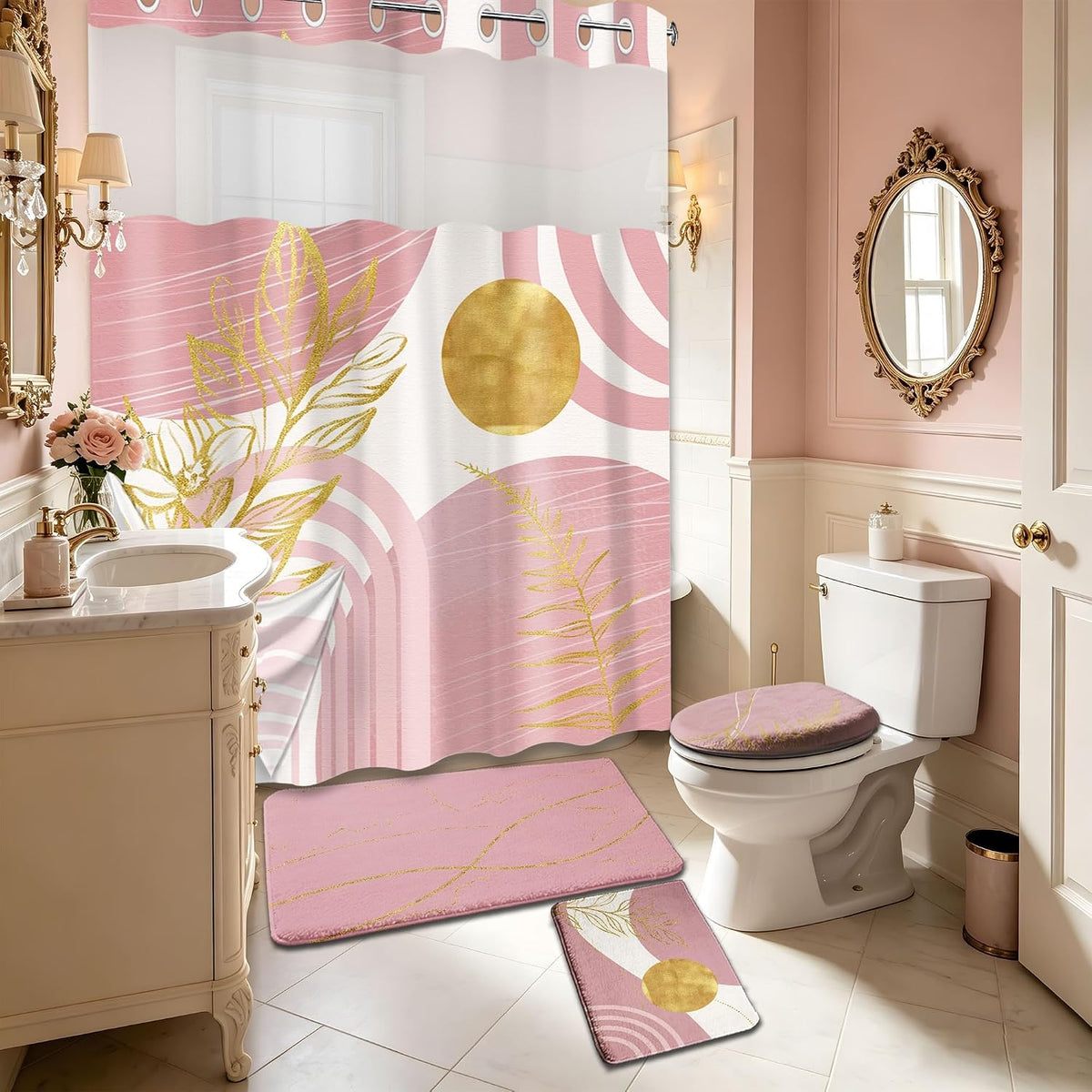 Light Pink Hookless Shower Curtain Sets with Rugs, Boho Bathroom Decor
