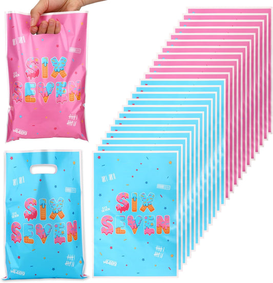 50pcs 6 7 Gift Bags for 6 7 Birthday Decorations, Six Seven Meme 67 Party Favor Goodie Bags with Handles, Double-Sided Pattern, Blue-Pink Birthday Party Bag for Packing Snacks Candy Supplies